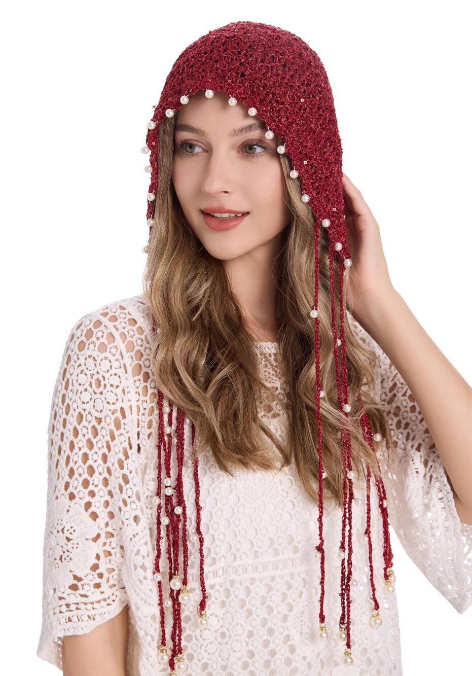 2736 Cotton Crochet Slouchy Beanie Hat with Tassel Handmade Knit Skull Cap